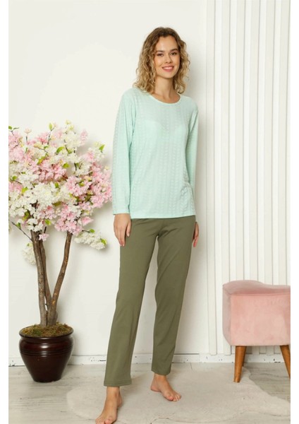 Kadın Penye Uzun Kol Pijama Takım Su Yeşili