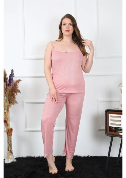 Kadın Büyük Beden Pudra Ip Askılı Pijama Takım
