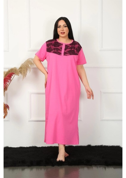Büyük Beden Dantelli Kısa Kol Fuşya Anne Gecelik fiyatları