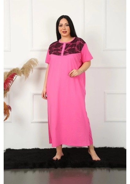 Büyük Beden Dantelli Kısa Kol Fuşya Anne Gecelik modelleri