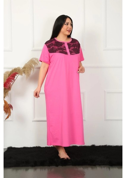 Büyük Beden Dantelli Kısa Kol Fuşya Anne Gecelik fırsatları