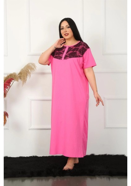 Büyük Beden Dantelli Kısa Kol Fuşya Anne Gecelik indirimleri
