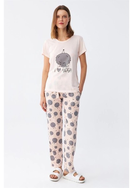 Kadın Kısa Kol Pijama Takım Pudra