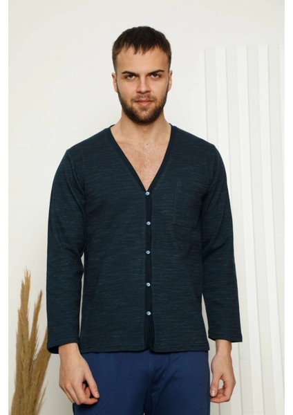 Erkek %100 Pamuk Önden Düğmeli Cepli Uzun Kollu Pijama Takımı Lacivert