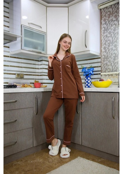 Kadın Penye Uzun Kol Pijama Takım Kahve