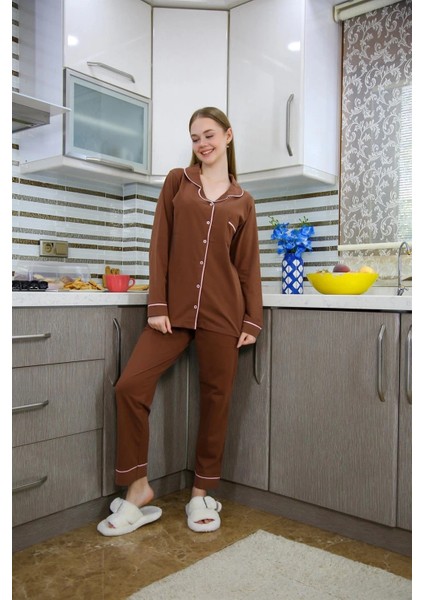 Kadın Penye Uzun Kol Pijama Takım Kahve fiyatları