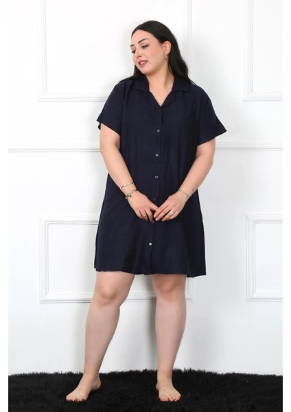 Büyük Beden Dokuma Düğmeli Lacivert Tunik Gecelik