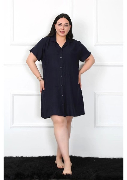 Büyük Beden Dokuma Düğmeli Lacivert Tunik Gecelik fiyatları