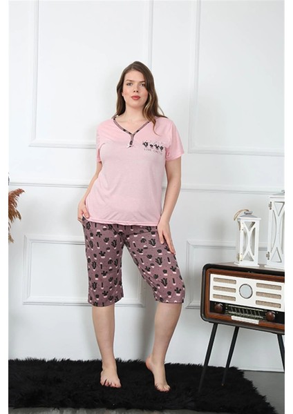 Kadın Büyük Beden Viscon Kapri Pijama Takım Pembe fırsatları
