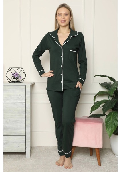 Kadın %100 Pamuk Penye Önden Düğmeli Uzun Kol Pijama Takım Yeşil