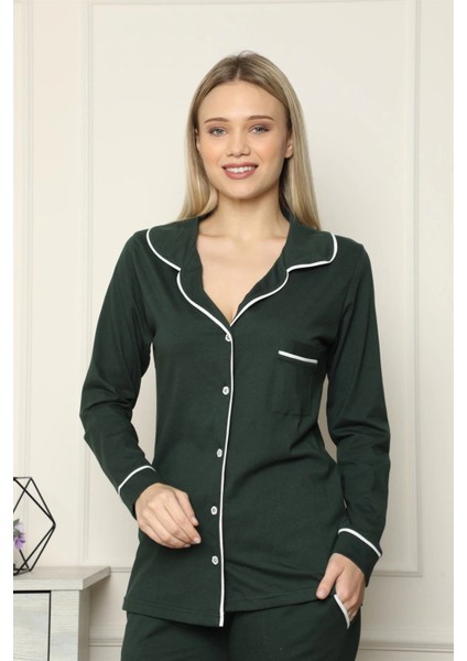 Kadın %100 Pamuk Penye Önden Düğmeli Uzun Kol Pijama Takım Yeşil fiyatları