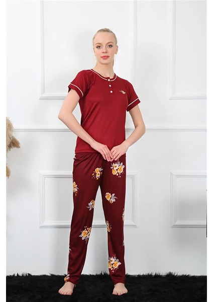 Kadın Bordo Kısa Kol Pijama Takım