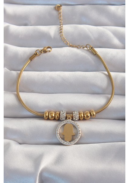 316L Çelik Gold Renk Zirkon Taş Aksesuarlı Fatma Ana Eli Bileklik - TJ-BB6233