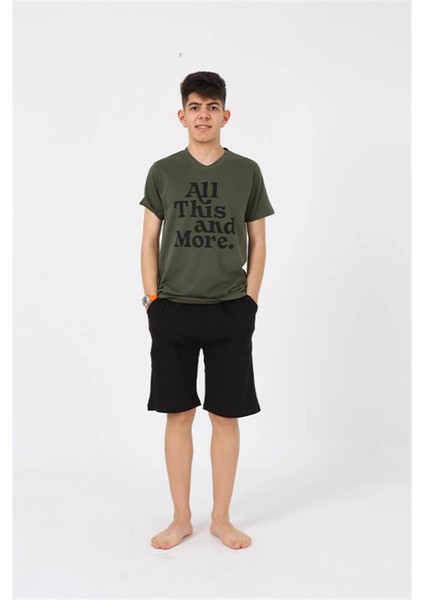 Erkek Genç Garson Boy Kısa Kol Haki Penye Şortlu Pijama Takımı