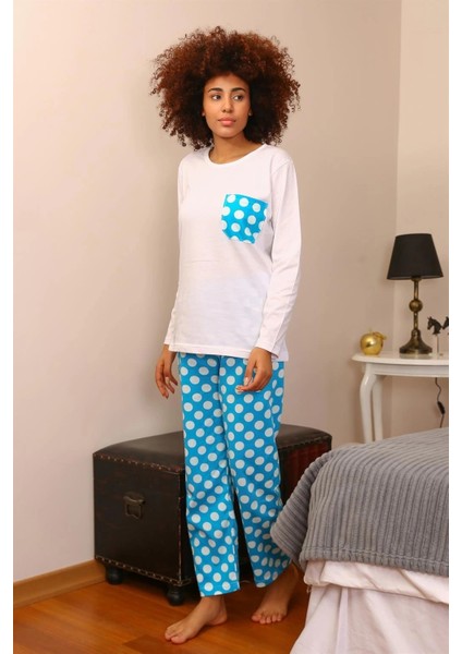 Kadın Uzun Kol Penye Pijama Takım Beyaz