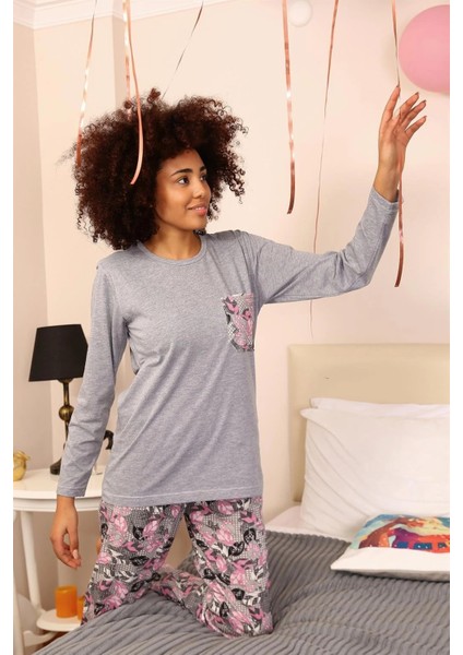 Kadın Uzun Kol Penye Pijama Takım Gri fiyatları