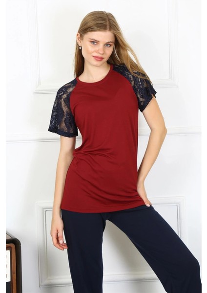 Kadın Kolu Dantelli Penye Pijama Takım Bordo