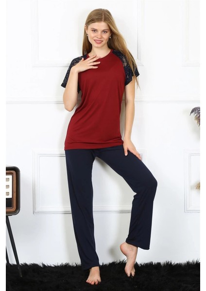 Kadın Kolu Dantelli Penye Pijama Takım Bordo modelleri