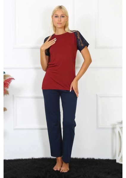 Kadın Kolu Dantelli Penye Pijama Takım Bordo fırsatları