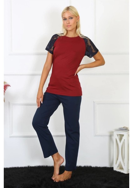 Kadın Kolu Dantelli Penye Pijama Takım Bordo indirimleri