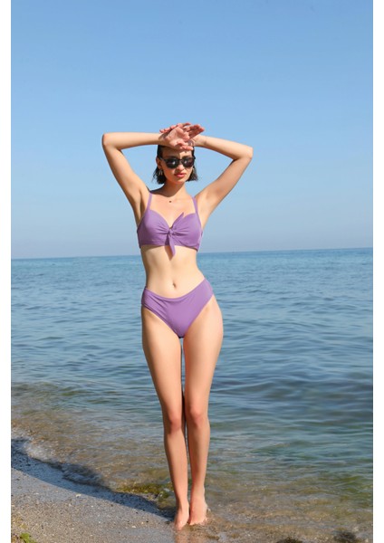 Kadın Içi Boş Fiyonklu Kaplı Lila Alt Üst Bikini Takım