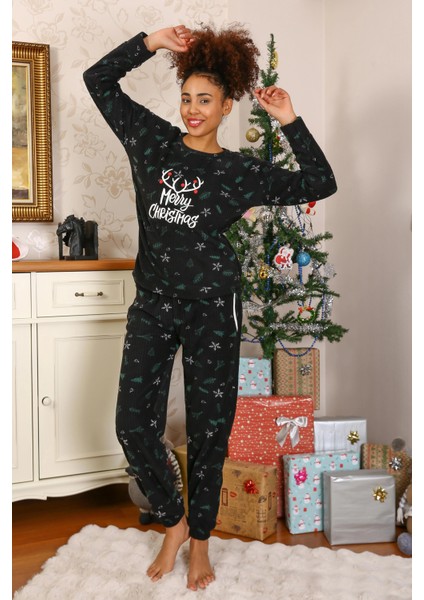 Merry Christmas Polar Kadın Pijama Takımı Siyah