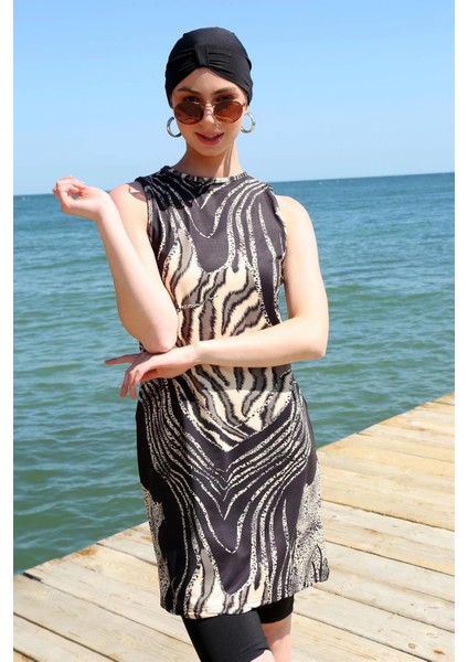 Sıfır Kol Leopar Yarım Tesettür Mayo Siyah modelleri