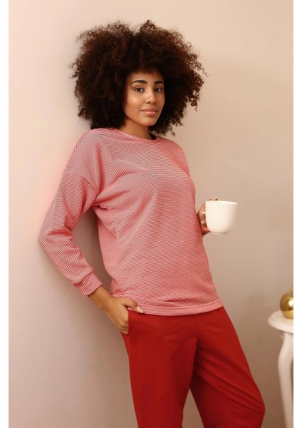 Kadın Uzun Kol 3 Iplik Penye Pijama Takım Kırmızı