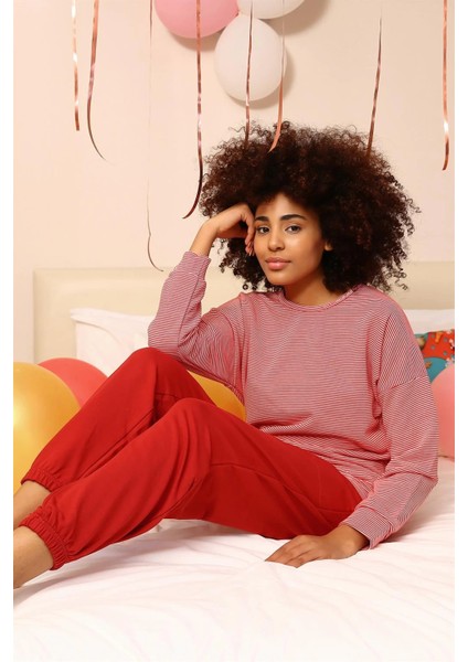 Kadın Uzun Kol 3 Iplik Penye Pijama Takım Kırmızı indirimleri
