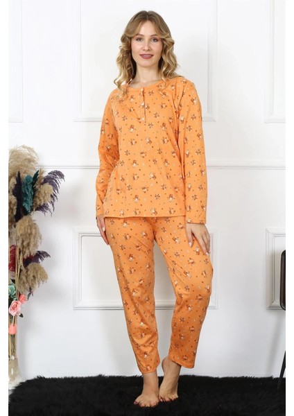 Kadın 4xl-5xl-6xl-7xl-8xl Büyük Beden Uzun Kol Pijama Takım Turuncu