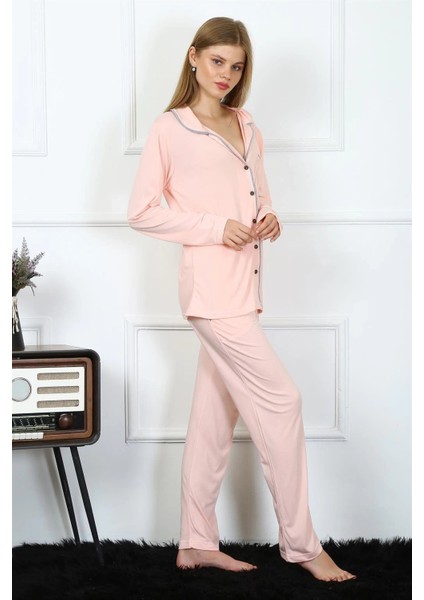 Kadın Penye Uzun Kol Önden Düğmeli Pijama Takım Pembe modelleri