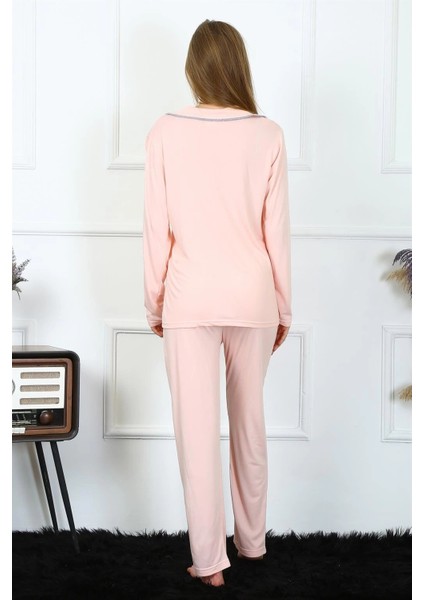 Kadın Penye Uzun Kol Önden Düğmeli Pijama Takım Pembe indirimleri