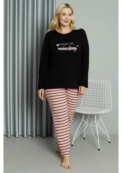 Kadın Büyük Beden Penye Uzun Kol Pijama Takım Siyah