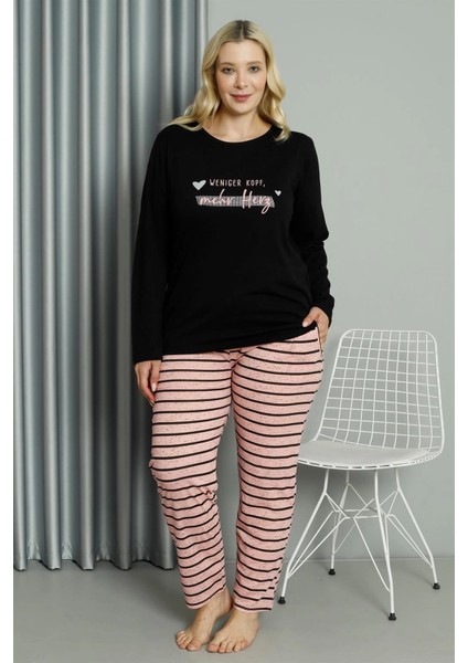 Kadın Büyük Beden Penye Uzun Kol Pijama Takım Siyah fiyatları