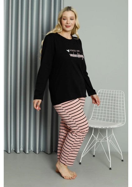 Kadın Büyük Beden Penye Uzun Kol Pijama Takım Siyah modelleri