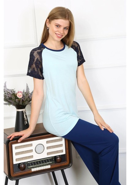 Kadın Kolu Dantelli Penye Pijama Takım Su Yeşili fiyatları