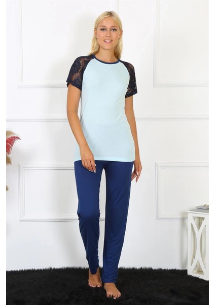 Kadın Kolu Dantelli Penye Pijama Takım Su Yeşili indirimleri