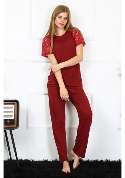 Kadın Kolu Dantelli Penye Pijama Takım Bordo fiyatları