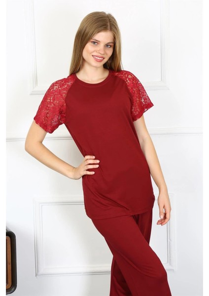 Kadın Kolu Dantelli Penye Pijama Takım Bordo modelleri