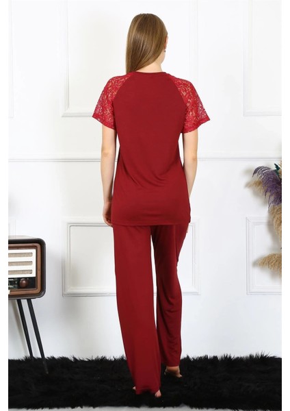 Kadın Kolu Dantelli Penye Pijama Takım Bordo fırsatları