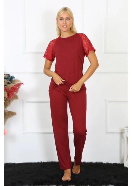 Kadın Kolu Dantelli Penye Pijama Takım Bordo indirimleri