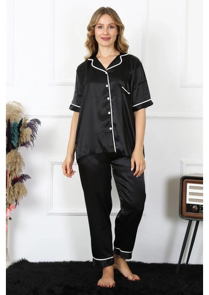 Kadın Büyük Beden Siyah Saten Pijama Takımı