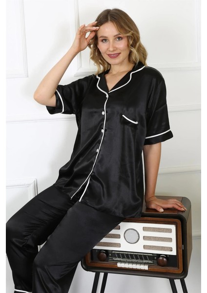 Kadın Büyük Beden Siyah Saten Pijama Takımı modelleri