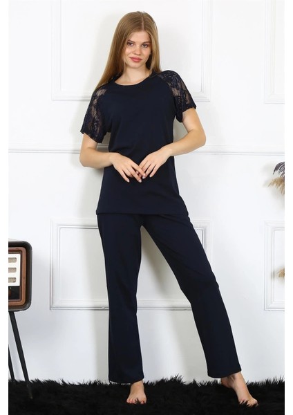 Kadın Kolu Dantelli Penye Pijama Takım Lacivert