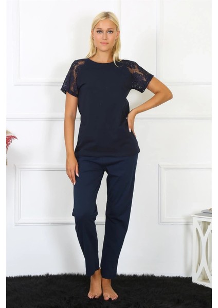 Kadın Kolu Dantelli Penye Pijama Takım Lacivert indirimleri
