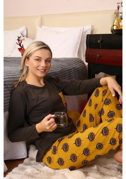 Kadın Uzun Kol Penye Pijama Takım Kahve modelleri