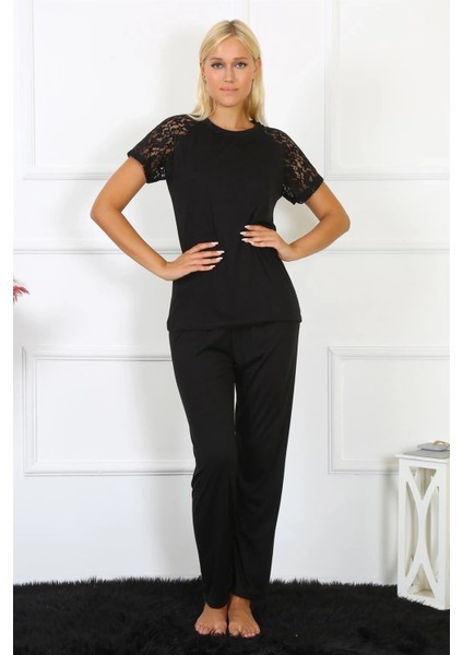 Kadın Kolu Dantelli Penye Pijama Takım Siyah fırsatları