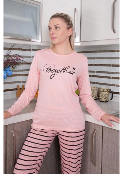 Kadın Penye Uzun Kol Pijama Takım Pembe fırsatları