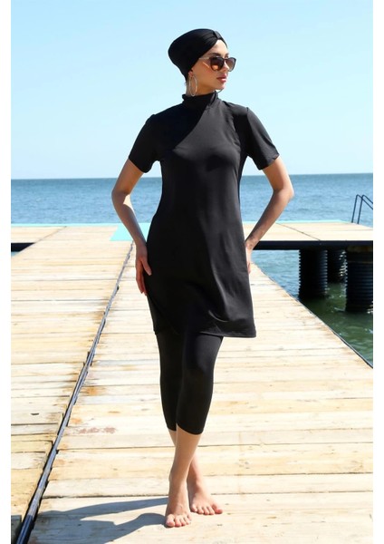 Kısa Kol Siyah Yarım Tesettür Mayo