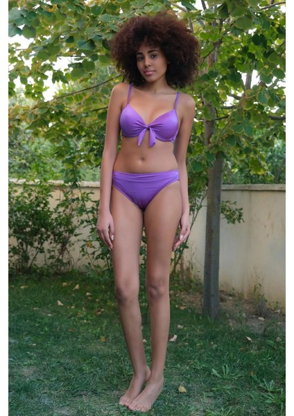 Kadın Destekli Fiyonklu Alt Üst Mor Bikini Takım